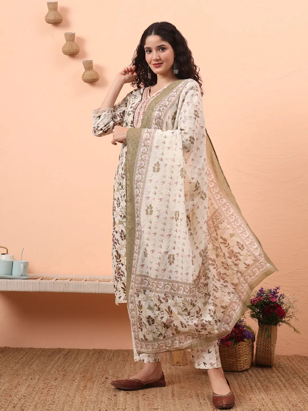 Green Straight Thared Work Kurta Trouser Dupatta Set-Yufta Store-6456SKDGRM