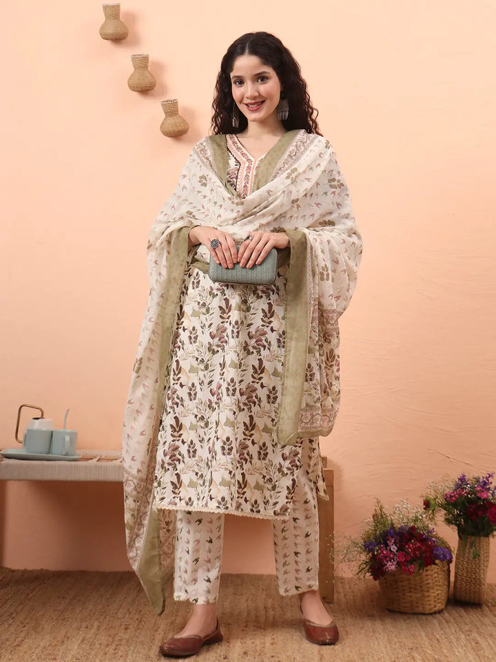 Green Straight Thared Work Kurta Trouser Dupatta Set-Yufta Store-6456SKDGRM