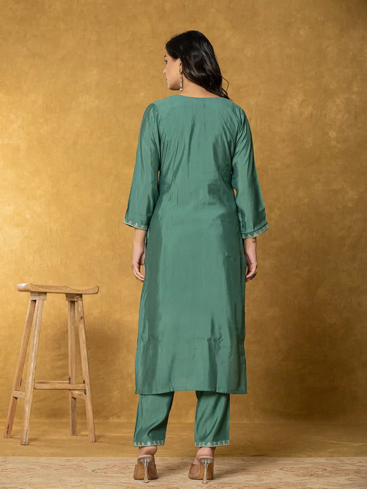 Green Thread_Work Silk Blend Straight Kurta Dupatta Pant Set-Yufta Store-7284SKDGRS