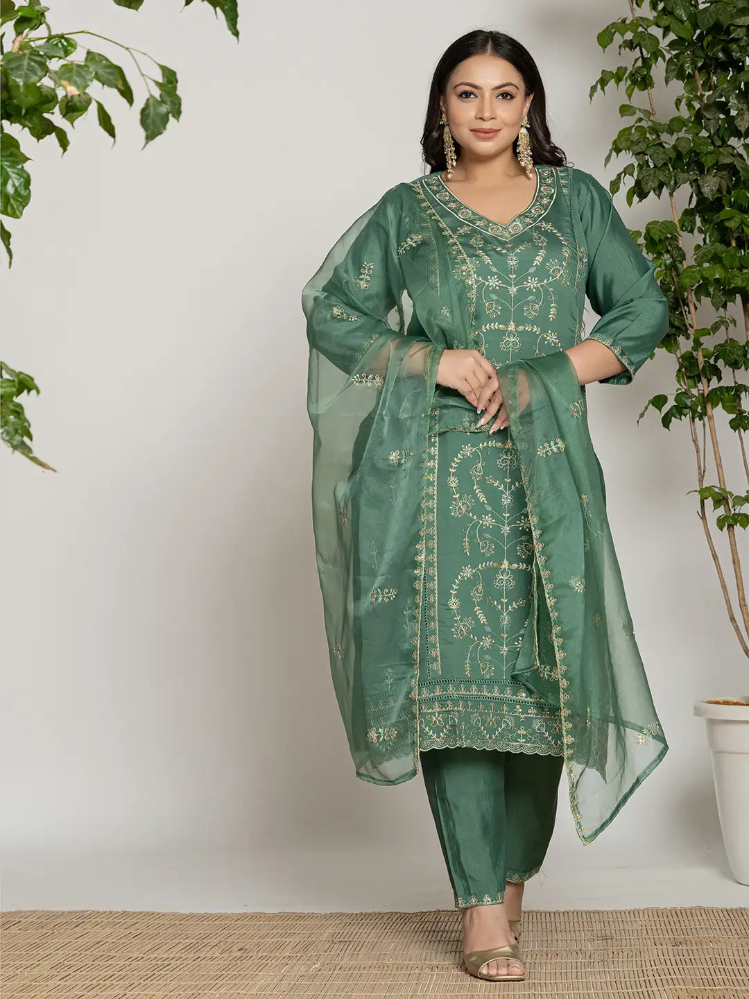 Green Thread_Work Silk Blend Straight Plus Size Kurta Dupatta Pant Set-Yufta Store-7284PSKDGR3XL