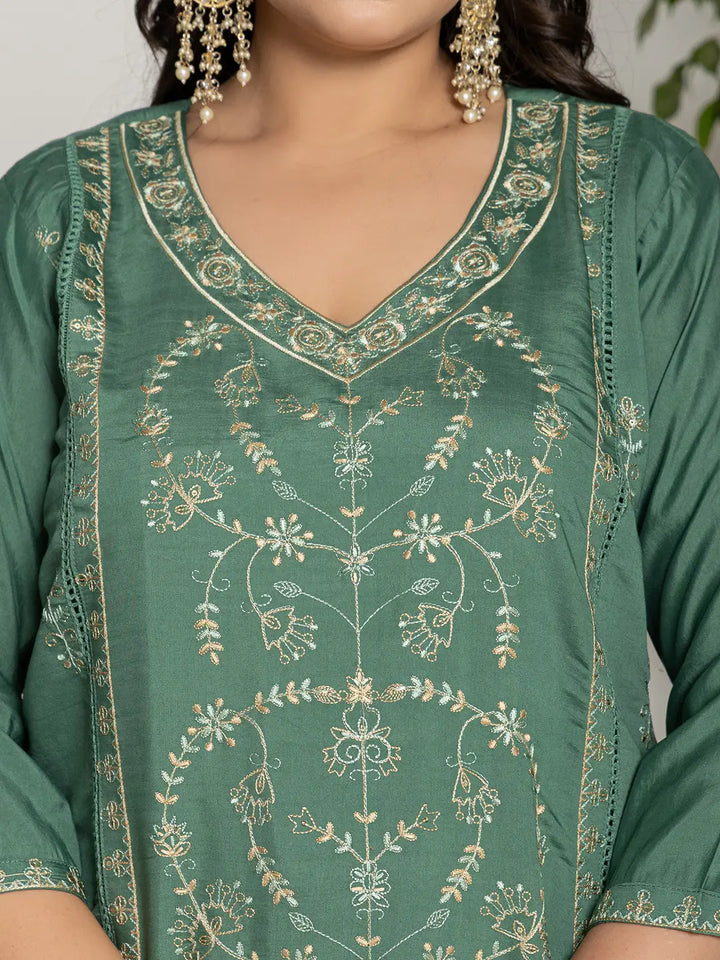 Green Thread_Work Silk Blend Straight Plus Size Kurta Dupatta Pant Set-Yufta Store-7284PSKDGR3XL