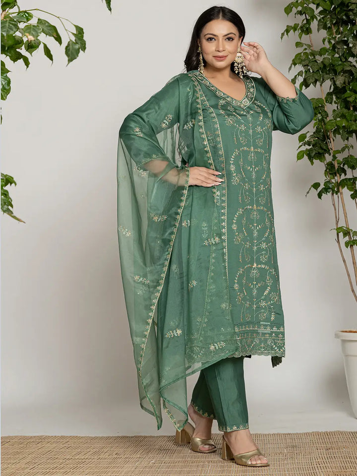 Green Thread_Work Silk Blend Straight Plus Size Kurta Dupatta Pant Set-Yufta Store-7284PSKDGR3XL