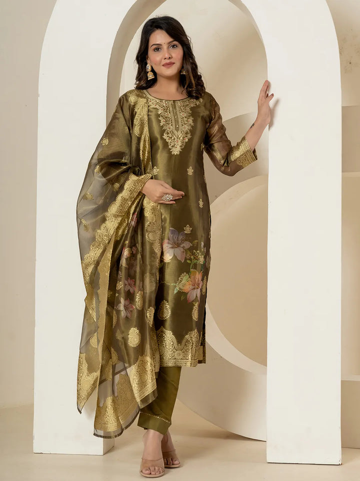 Green Tissue Kurta Dupatta Pant Set-Yufta Store-7214SKDGRM