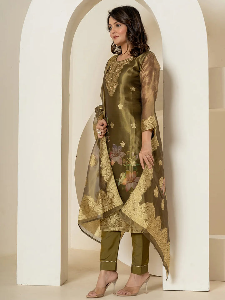 Green Tissue Kurta Dupatta Pant Set-Yufta Store-7214SKDGRM