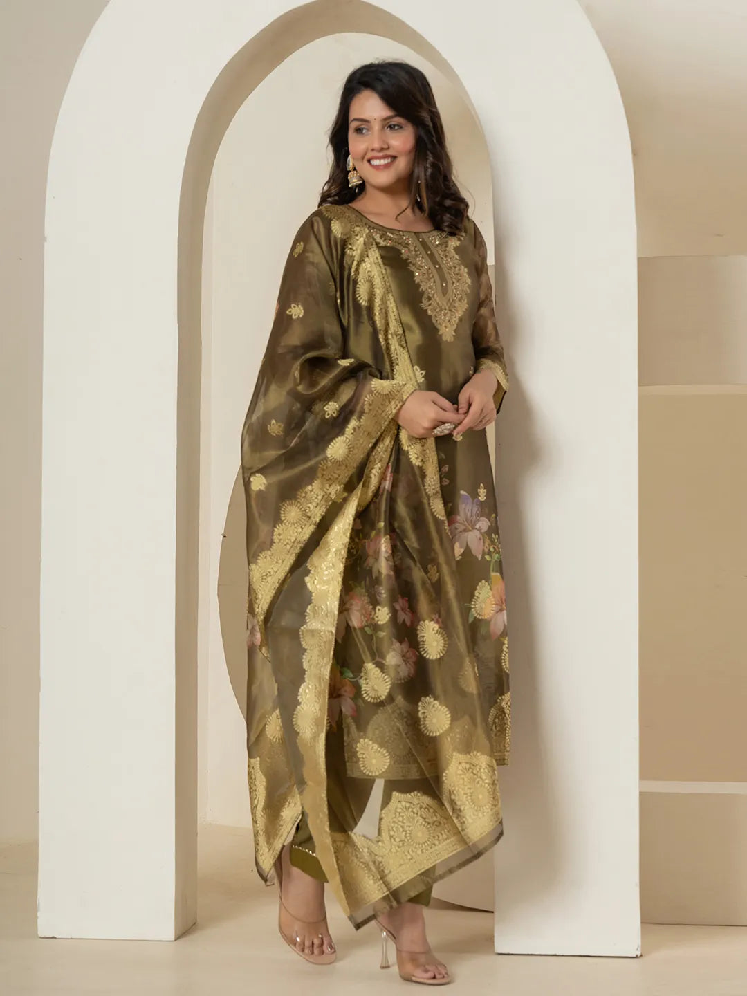 Green Tissue Kurta Dupatta Pant Set-Yufta Store-7214SKDGRM