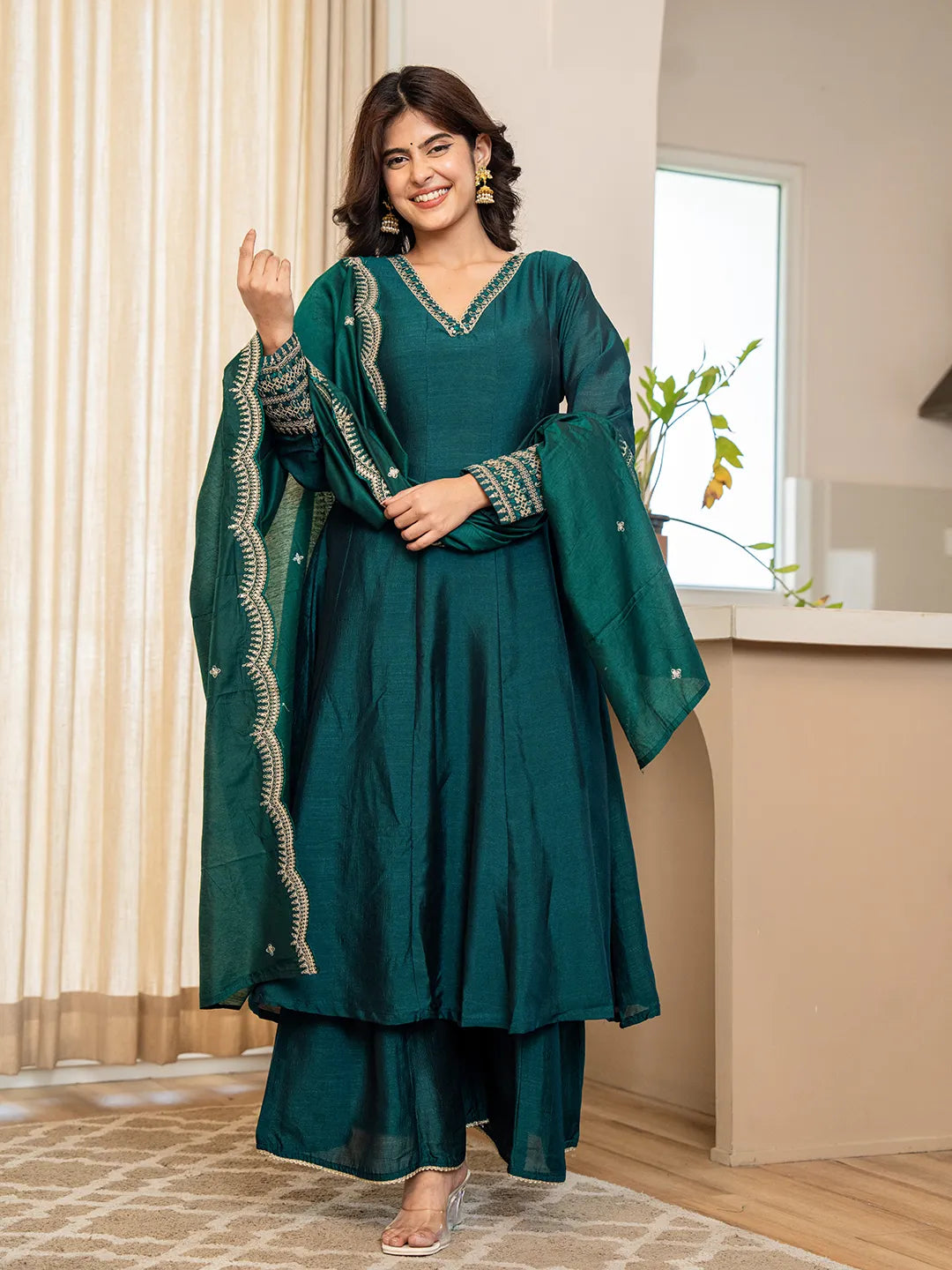 Green Zari Wor A-Line Vichitra Silk Kurta Palazzo Dupatta Set-Yufta Store-6755SKDGRM