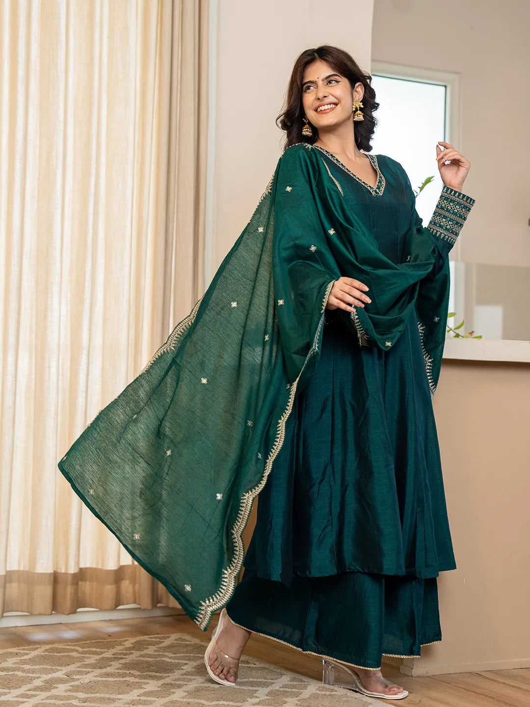 Green Zari Wor A-Line Vichitra Silk Kurta Palazzo Dupatta Set-Yufta Store-6755SKDGRM
