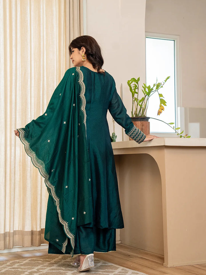 Green Zari Wor A-Line Vichitra Silk Kurta Palazzo Dupatta Set-Yufta Store-6755SKDGRM