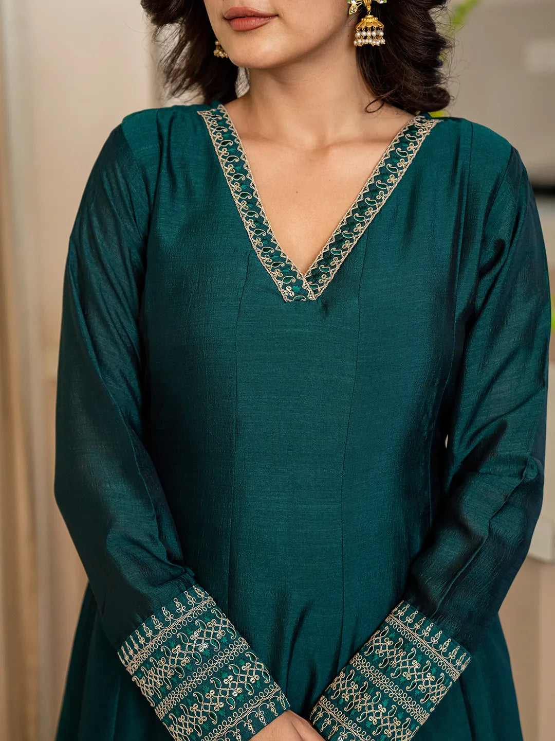 Green Zari Wor A-Line Vichitra Silk Kurta Palazzo Dupatta Set-Yufta Store-6755SKDGRM