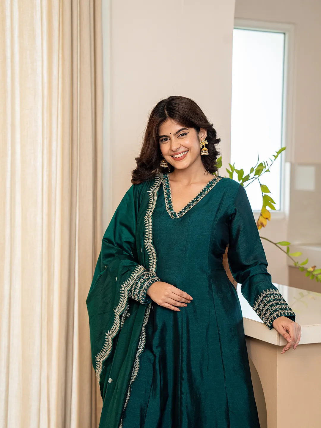 Green Zari Wor A-Line Vichitra Silk Kurta Palazzo Dupatta Set-Yufta Store-6755SKDGRM