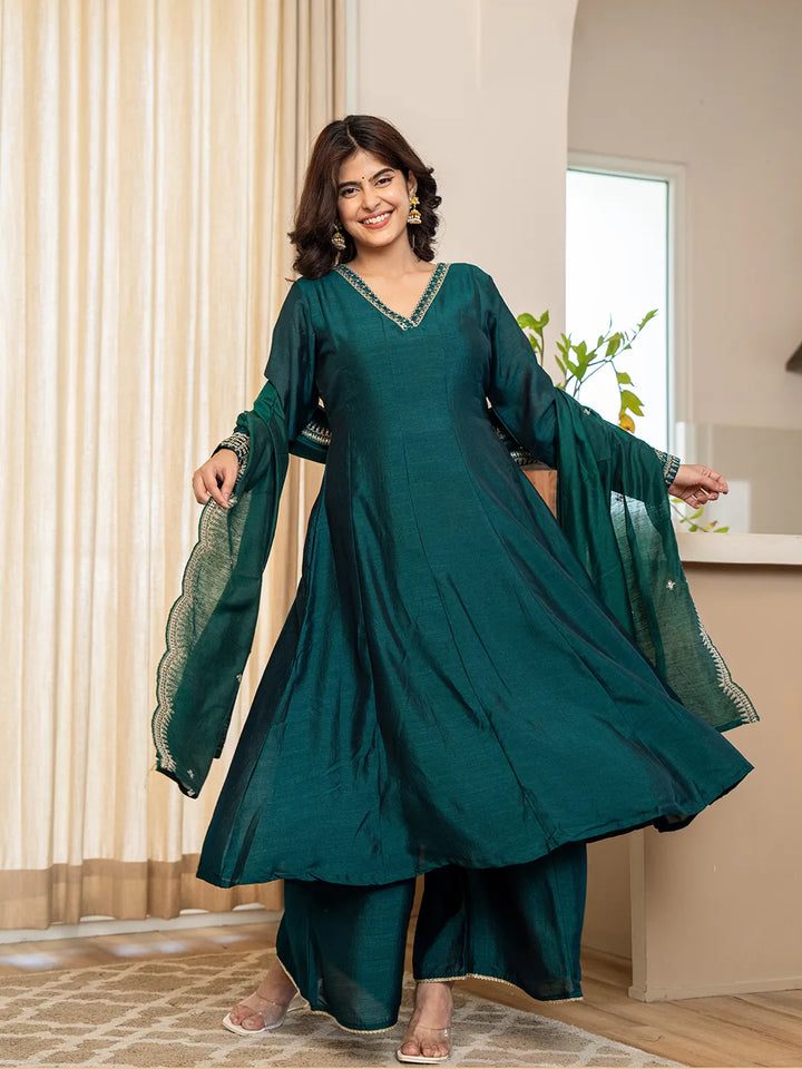 Green Zari Wor A-Line Vichitra Silk Kurta Palazzo Dupatta Set-Yufta Store-6755SKDGRM