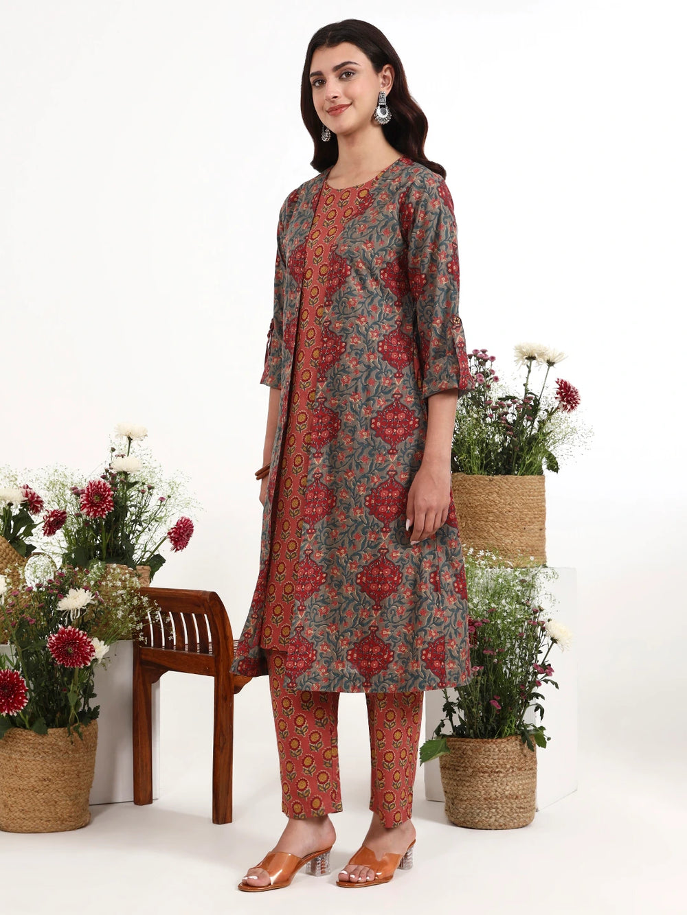Grey Cotton Aline Style Co-Ord Set-Yufta Store-7616CRDGYM