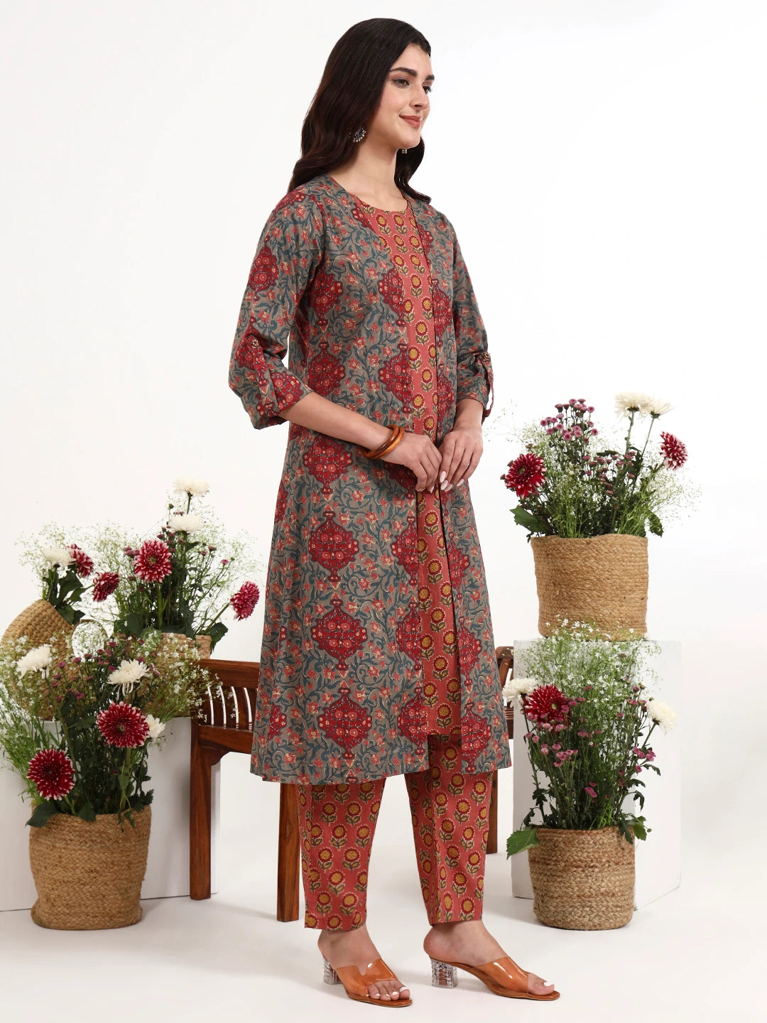Grey Cotton Aline Style Co-Ord Set-Yufta Store-7616CRDGYM