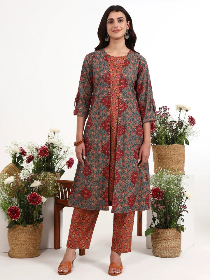 Grey Cotton Aline Style Co-Ord Set-Yufta Store-7616CRDGYM