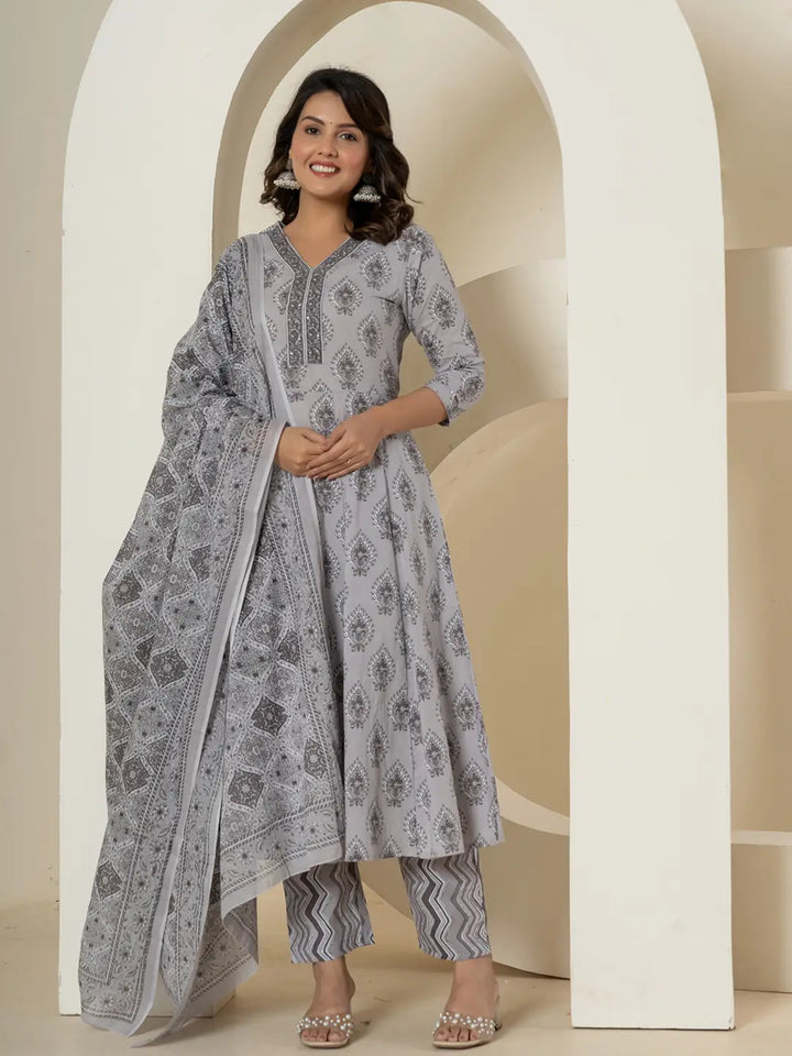 Grey Cotton Ethnic Motifs Kurta Duppta Set-Yufta Store-6011SKDGYS