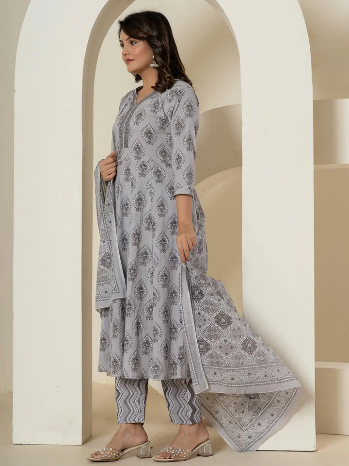 Grey Cotton Ethnic Motifs Kurta Duppta Set-Yufta Store-6011SKDGYS