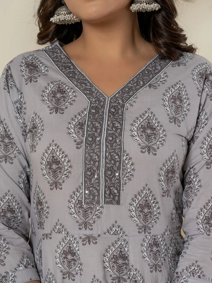 Grey Cotton Ethnic Motifs Kurta Duppta Set-Yufta Store-6011SKDGYS