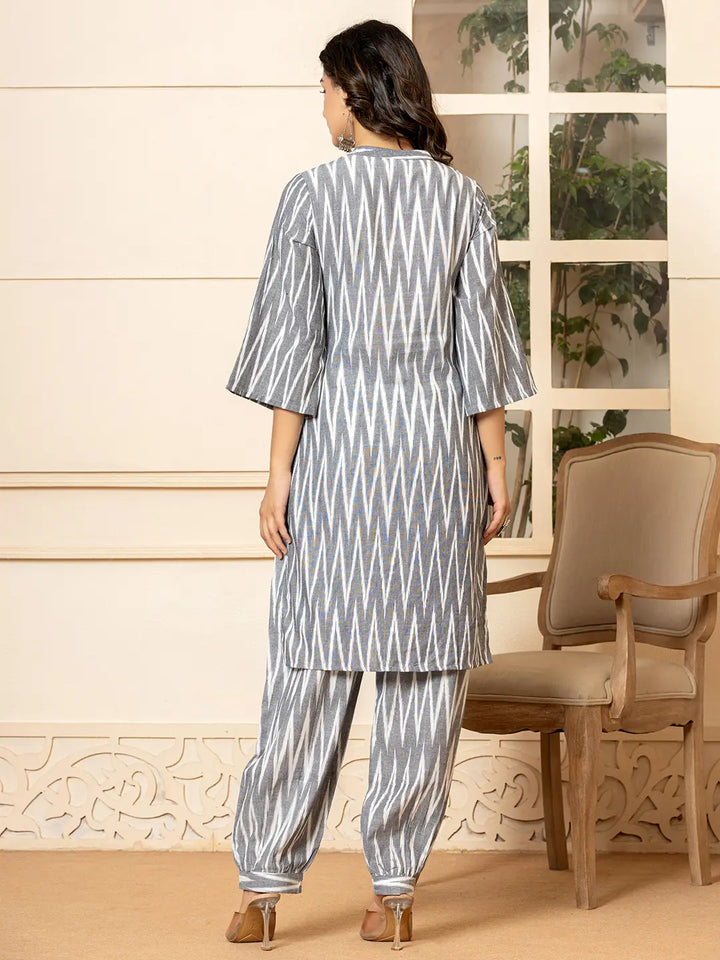 Grey Cotton Ikat Co-Ord Set-Yufta Store-6952CRDGYS