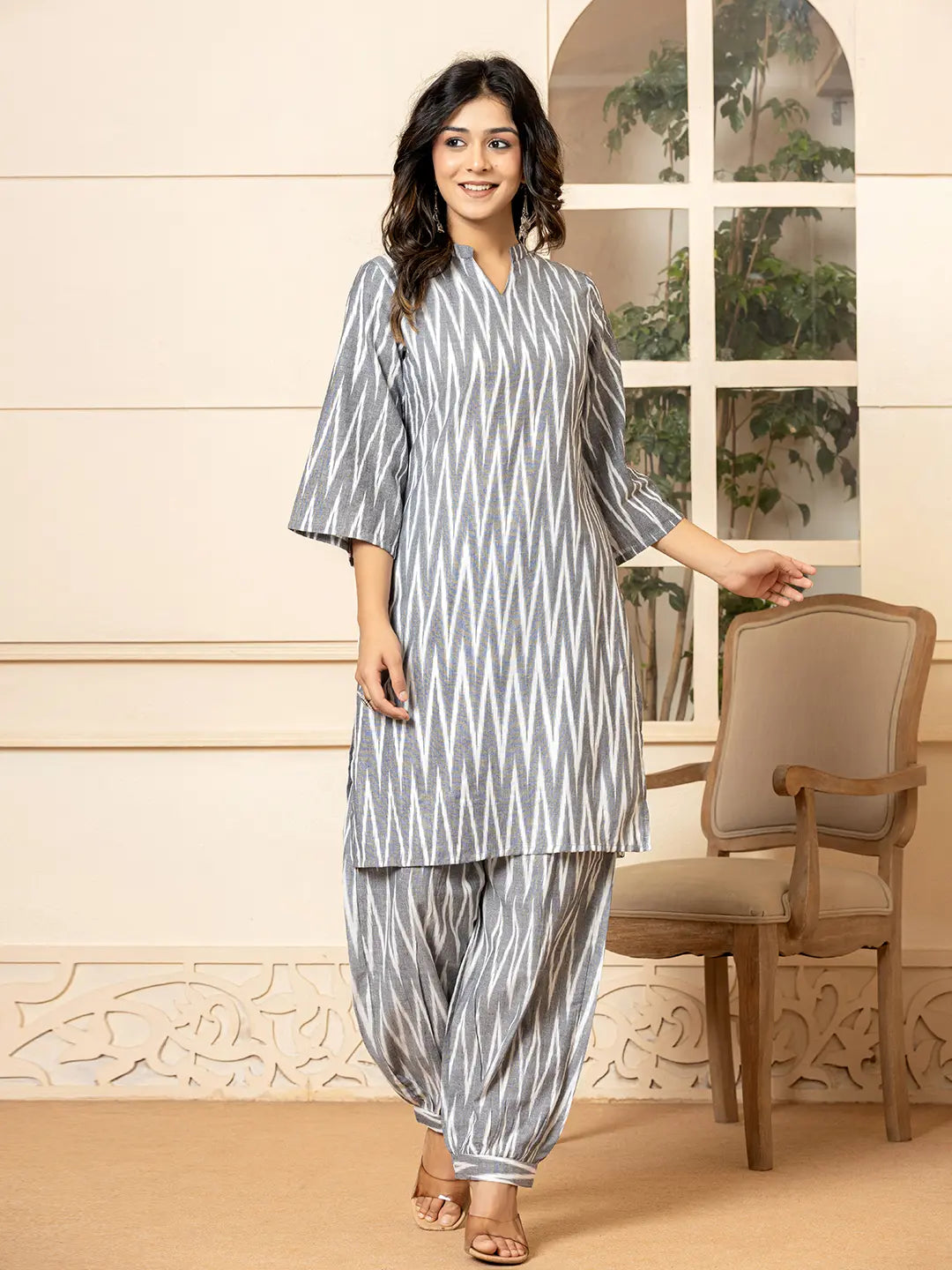 Grey Cotton Ikat Co-Ord Set-Yufta Store-6952CRDGYS