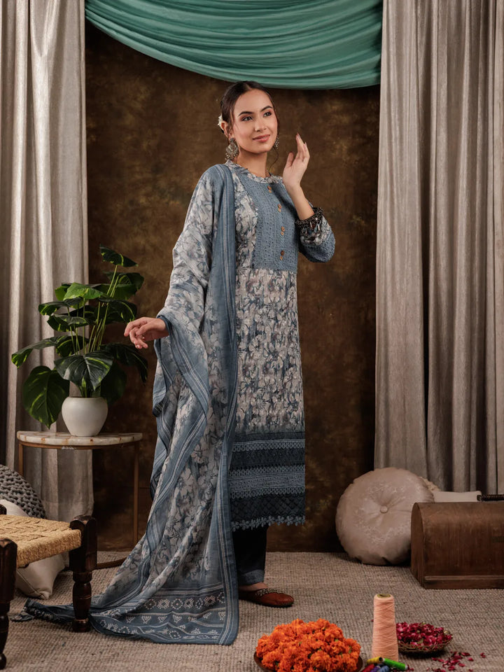 Grey Cotton Schiffli Kurta Dupatta Set With Lace Detailing-Yufta Store-7188SKDGYS