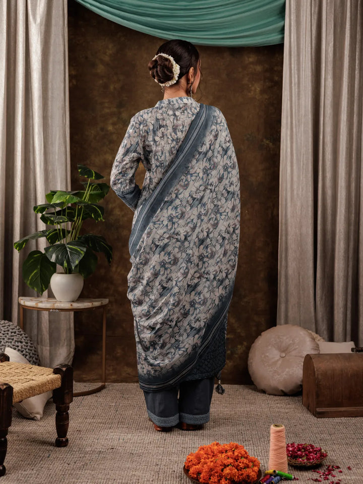 Grey Cotton Schiffli Kurta Dupatta Set With Lace Detailing-Yufta Store-7188SKDGYS