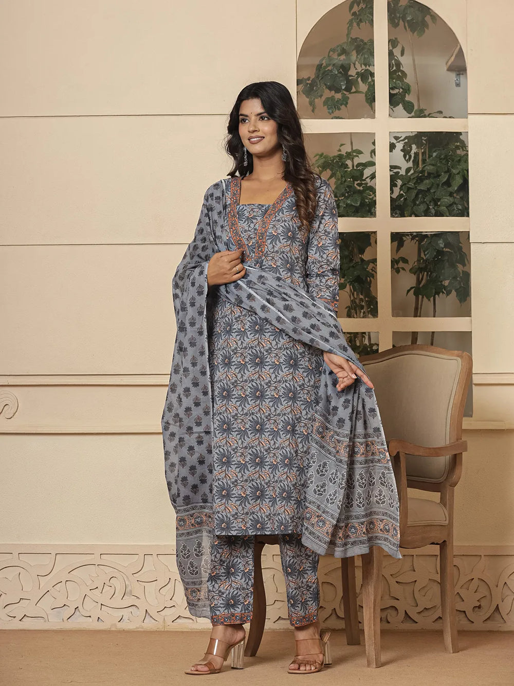 Grey Cotton Sequins_Work Kurta Dupatta Set-Yufta Store-7005SKDGYS