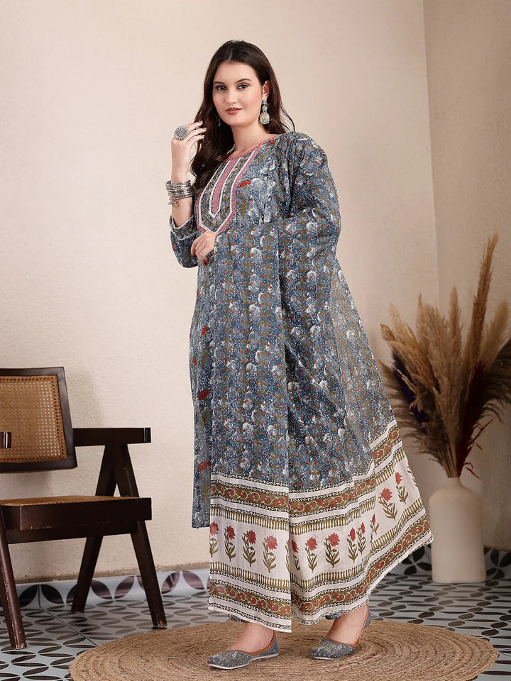 Grey Cotton Straight Kurta Dupatta Pant Set-Yufta Store-6428SKDGYM