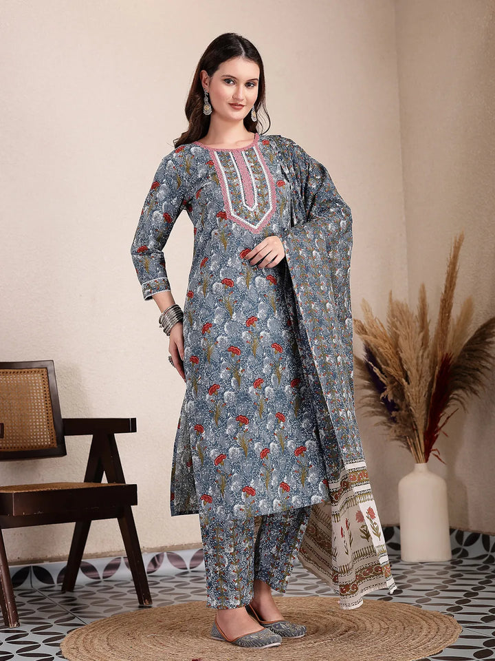 Grey Cotton Straight Kurta Dupatta Pant Set-Yufta Store-6428SKDGYM