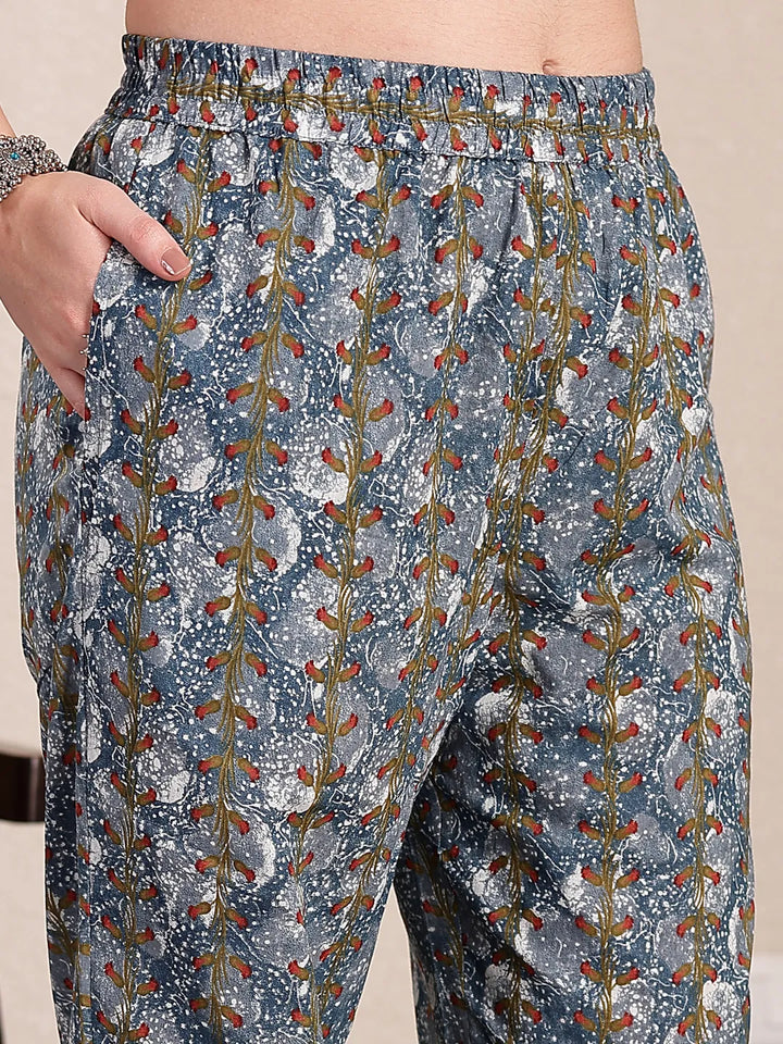 Grey Cotton Straight Kurta Dupatta Pant Set-Yufta Store-6428SKDGYM