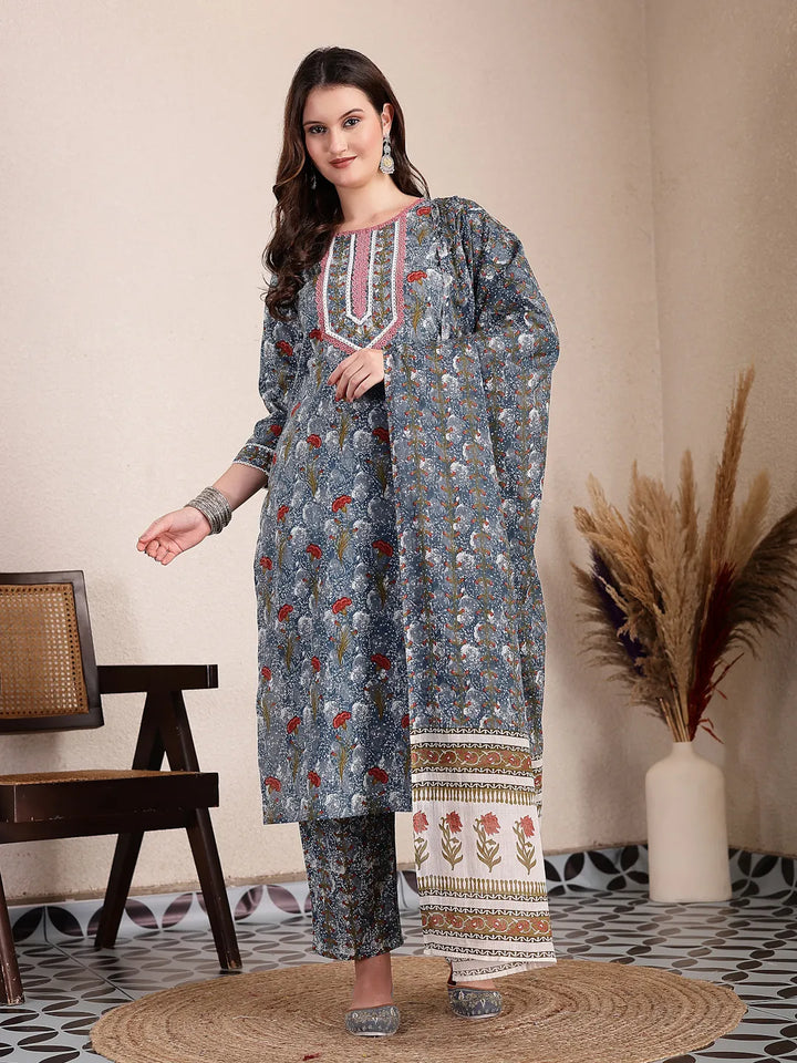 Grey Cotton Straight Kurta Dupatta Pant Set-Yufta Store-6428SKDGYM