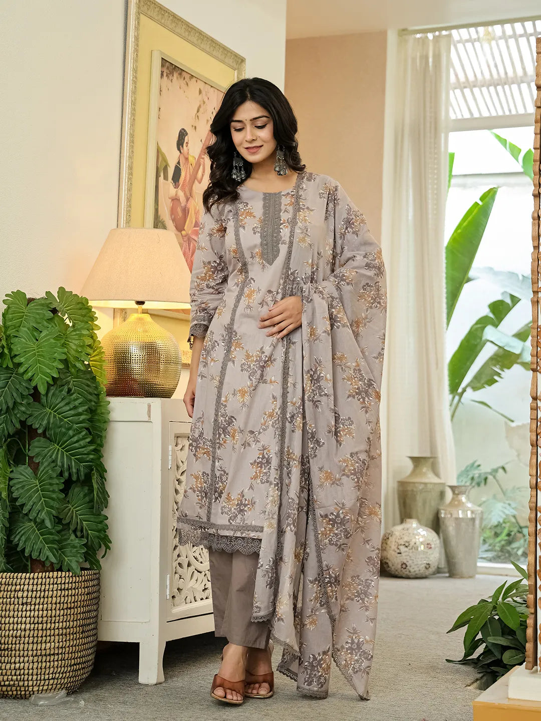 Grey Cotton Straight Lace Work Kurta Dupatta Set
