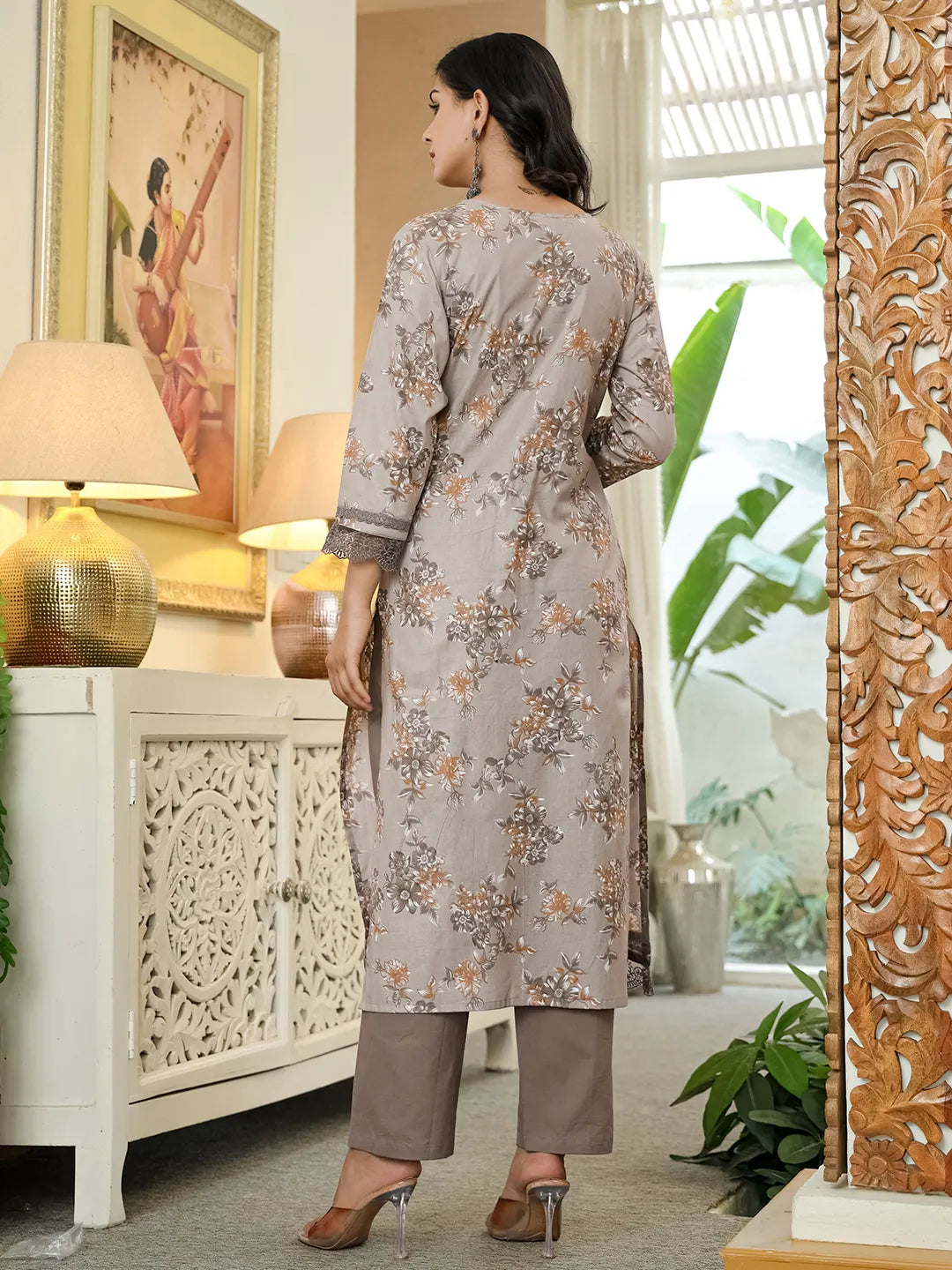 Grey Cotton Straight Lace Work Kurta Dupatta Set
