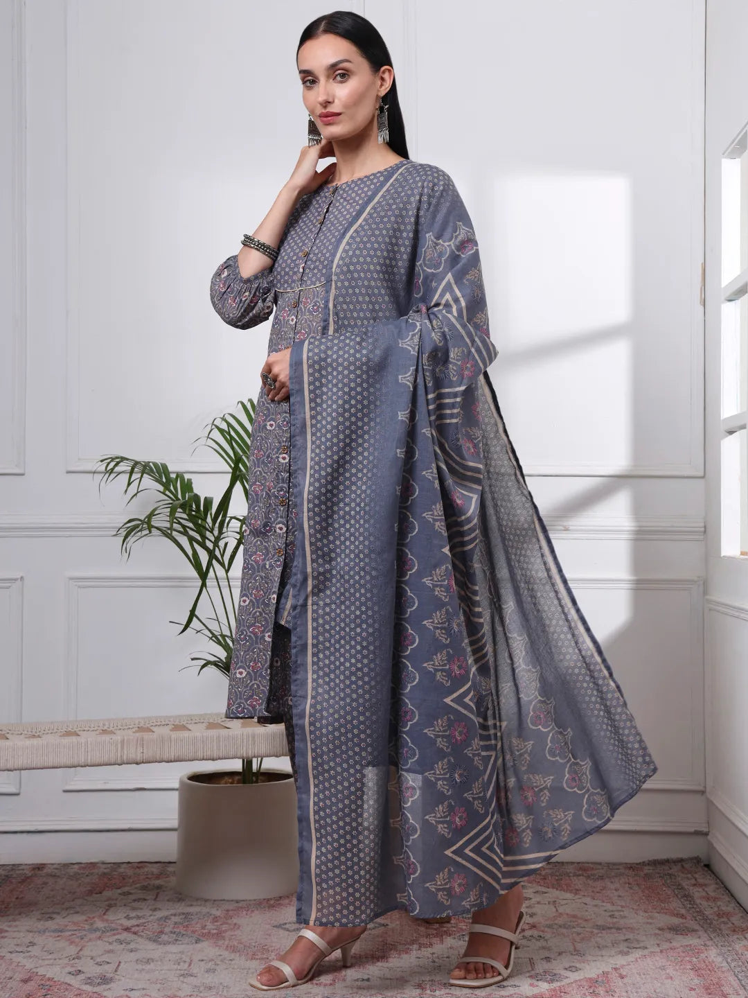 Grey Ethnic Motifs A-Line Kurta Trouser Dupatta Set