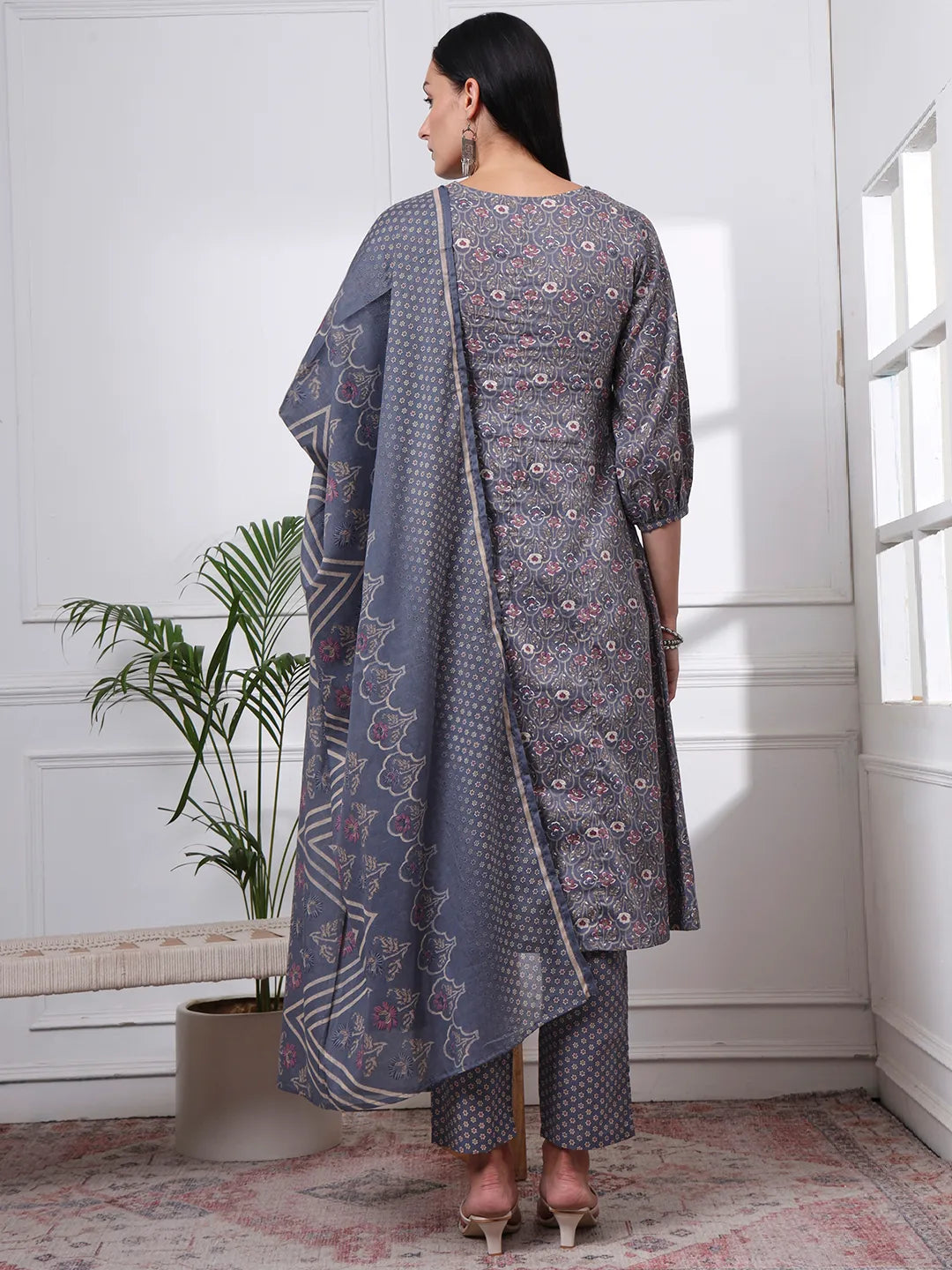 Grey Ethnic Motifs A-Line Kurta Trouser Dupatta Set