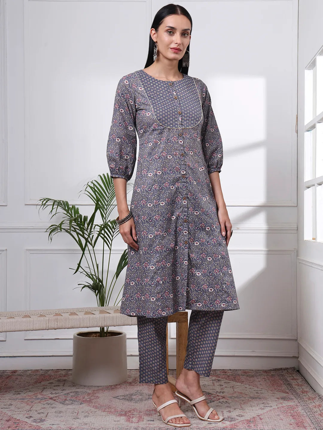 Grey Ethnic Motifs A-Line Kurta Trouser Dupatta Set