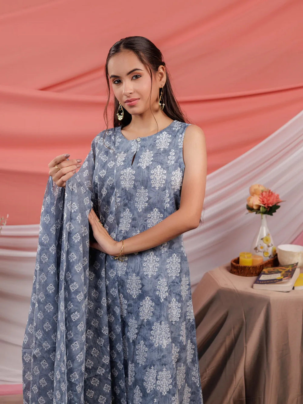 Grey Ethnic Motifs Cotton A-Line Kurta Trouser & Dupatta Set-Yufta Store-7039SKDGYS