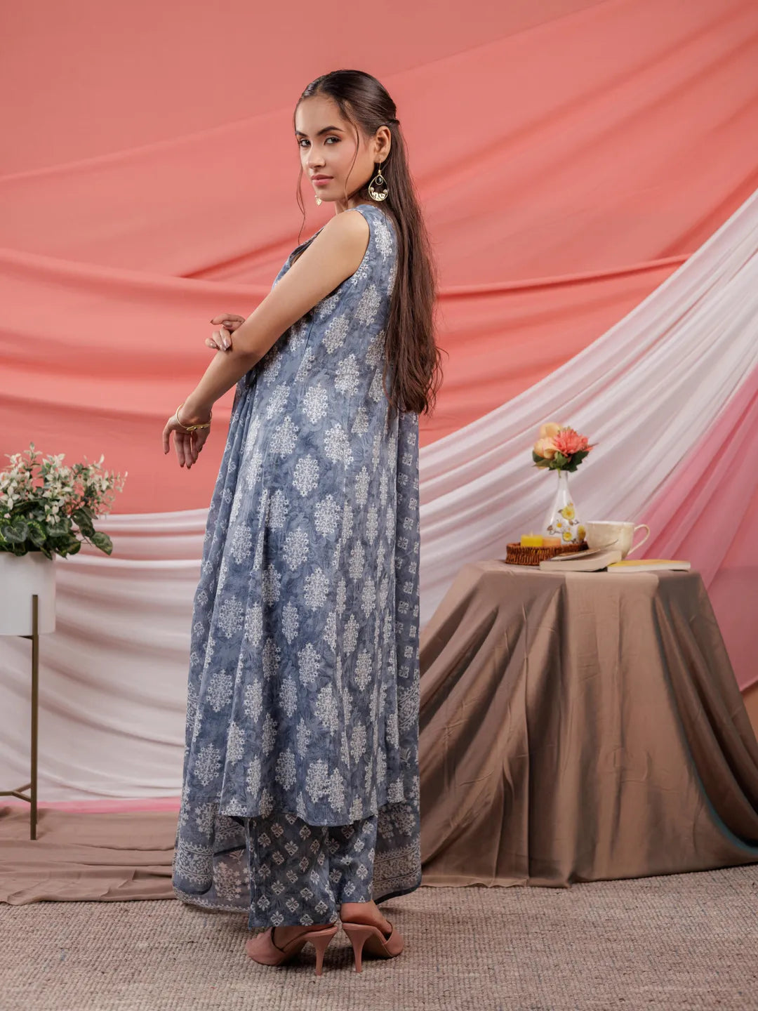 Grey Ethnic Motifs Cotton A-Line Kurta Trouser & Dupatta Set-Yufta Store-7039SKDGYS