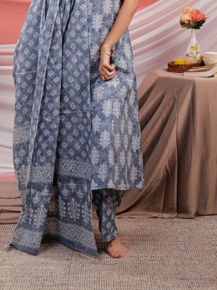 Grey Ethnic Motifs Cotton A-Line Kurta Trouser & Dupatta Set-Yufta Store-7039SKDGYS