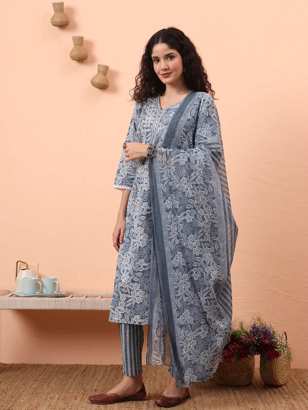 Grey Ethnic Motifs Pure Cotton Straight Kurta Pant Set-Yufta Store-6458SKDGYM