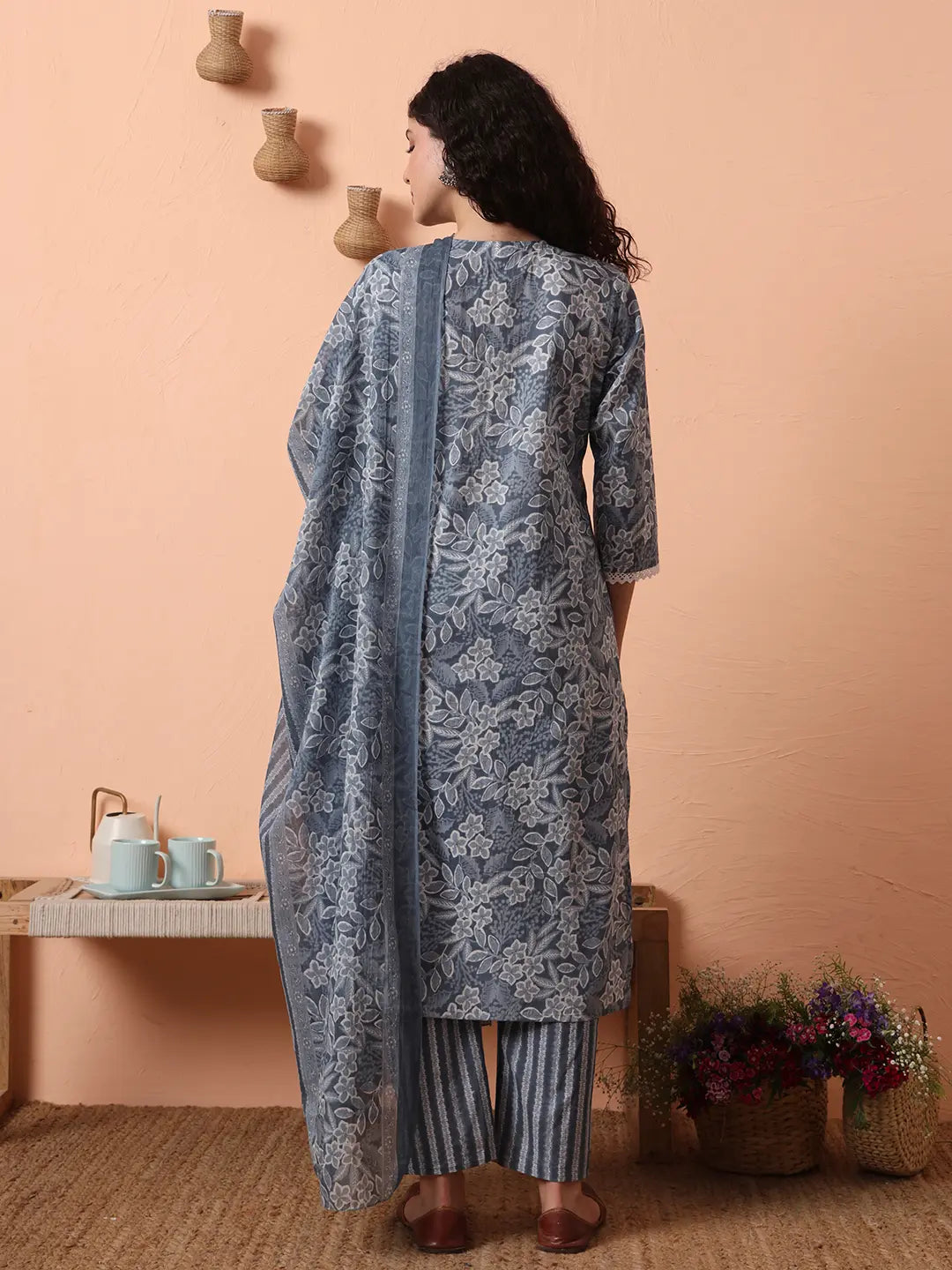 Grey Ethnic Motifs Pure Cotton Straight Kurta Pant Set-Yufta Store-6458SKDGYM