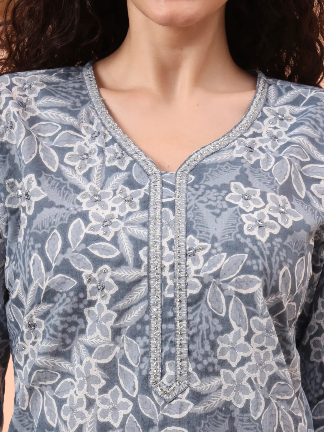 Grey Ethnic Motifs Pure Cotton Straight Kurta Pant Set-Yufta Store-6458SKDGYM