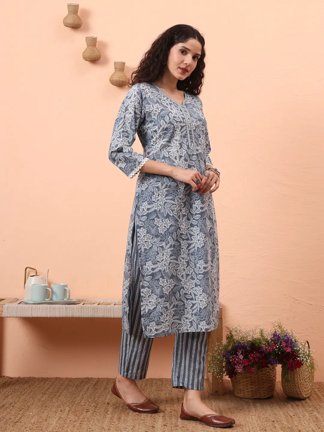 Grey Ethnic Motifs Pure Cotton Straight Kurta Pant Set-Yufta Store-6458SKDGYM