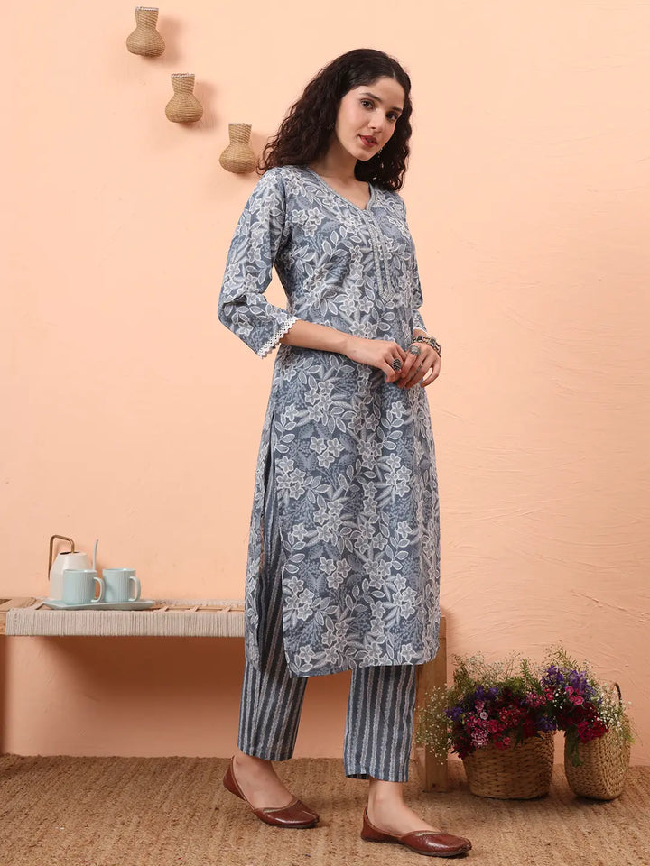 Grey Ethnic Motifs Pure Cotton Straight Kurta Pant Set-Yufta Store-6458SKDGYM