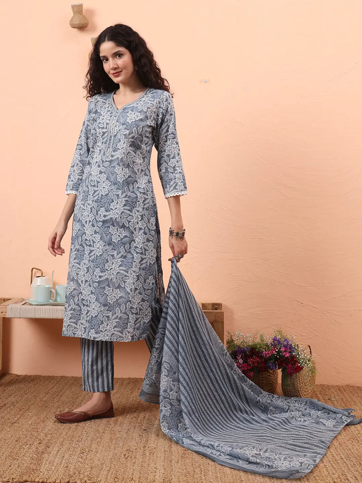Grey Ethnic Motifs Pure Cotton Straight Kurta Pant Set-Yufta Store-6458SKDGYM