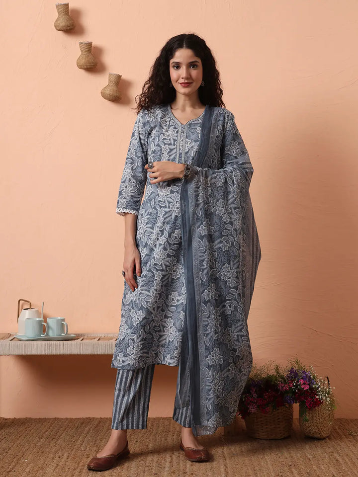 Grey Ethnic Motifs Pure Cotton Straight Kurta Pant Set-Yufta Store-6458SKDGYM