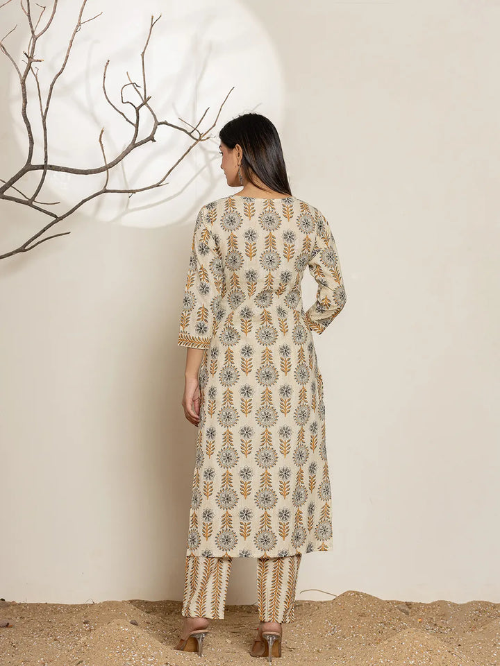 Grey Floral Print Cotton Straight Samosa-Lace Kurta And Trouser With Dupatta Set