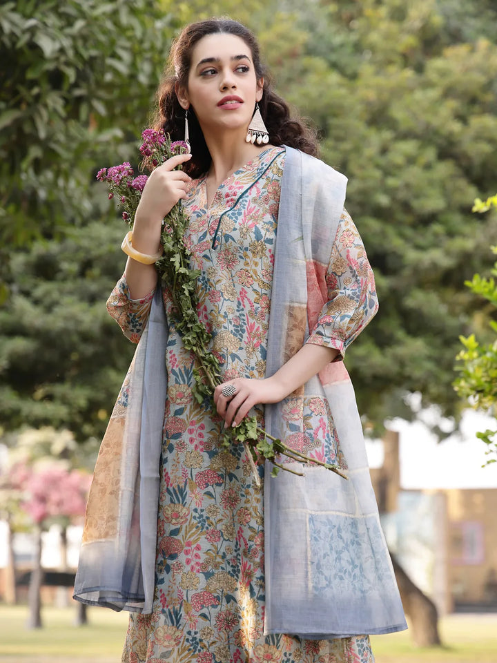 Grey Floral Print linen A Line Have A Lining Kurta Trouser Dupatta Set