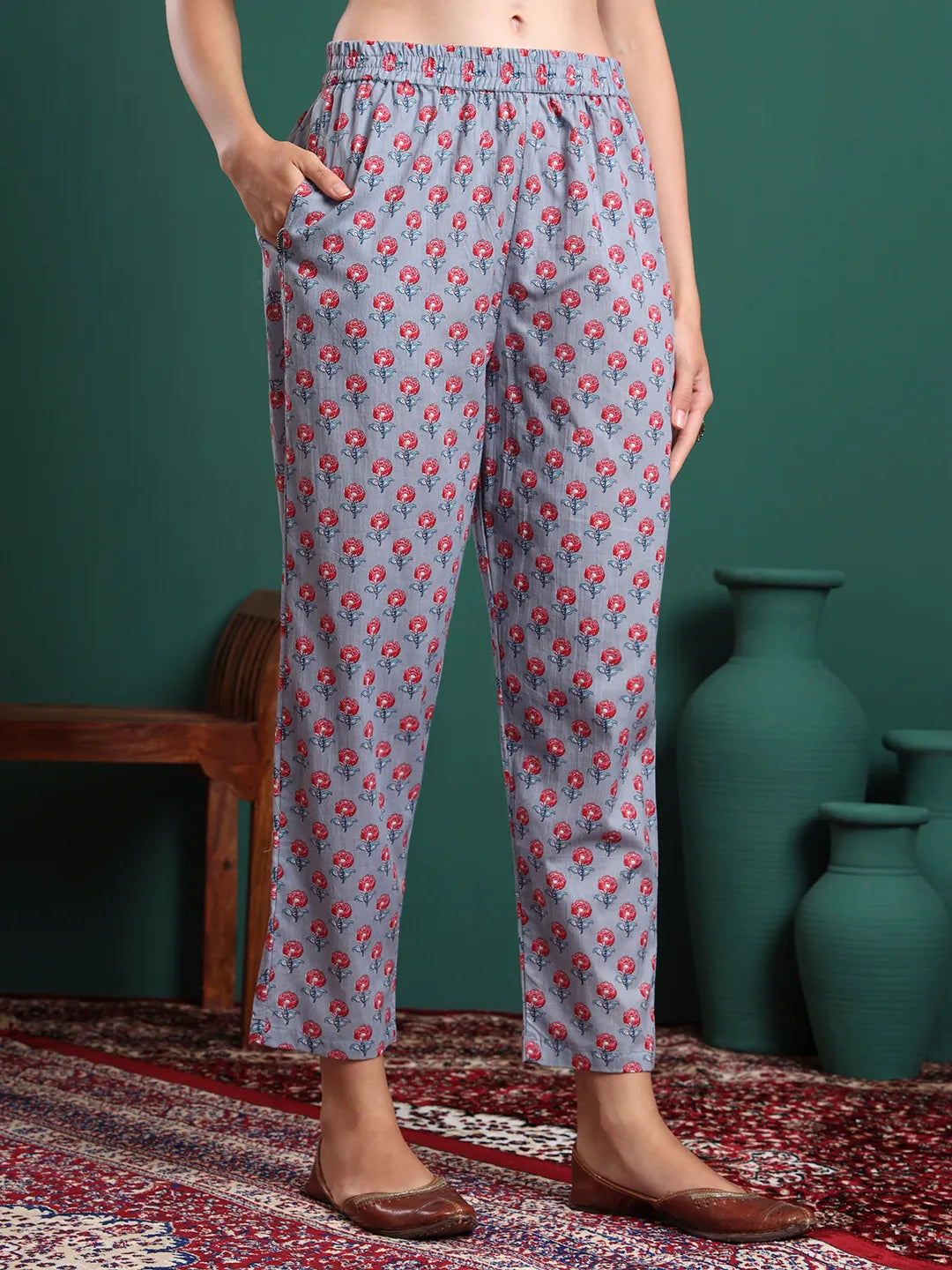 Grey Floral Print Maternity A-Line Kurta Trouser Dupatta Set