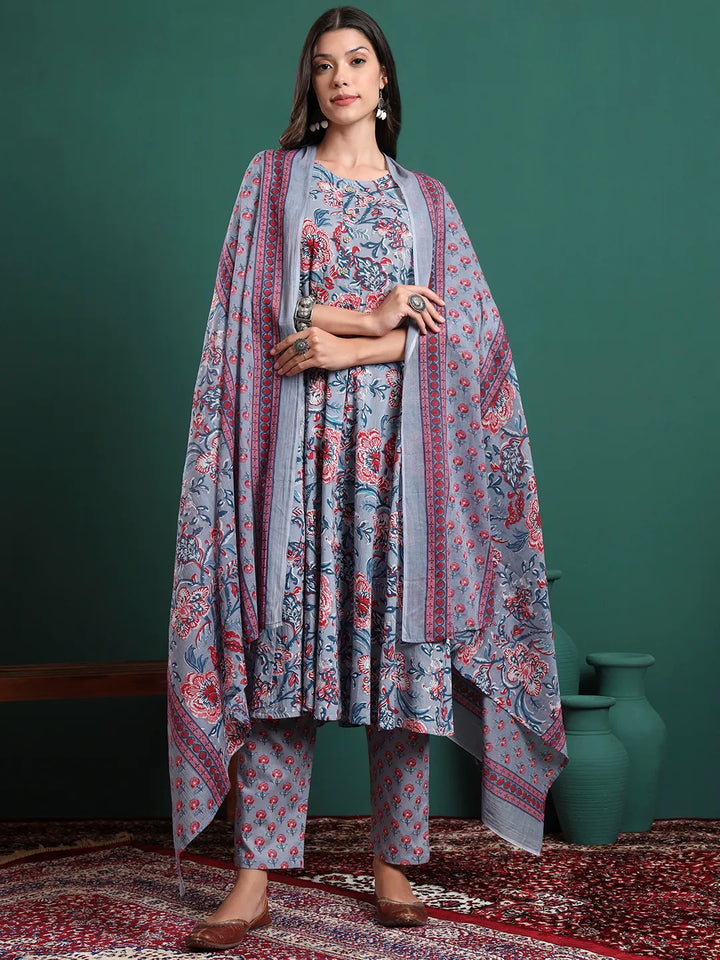 Grey Floral Print Maternity A-Line Kurta Trouser Dupatta Set