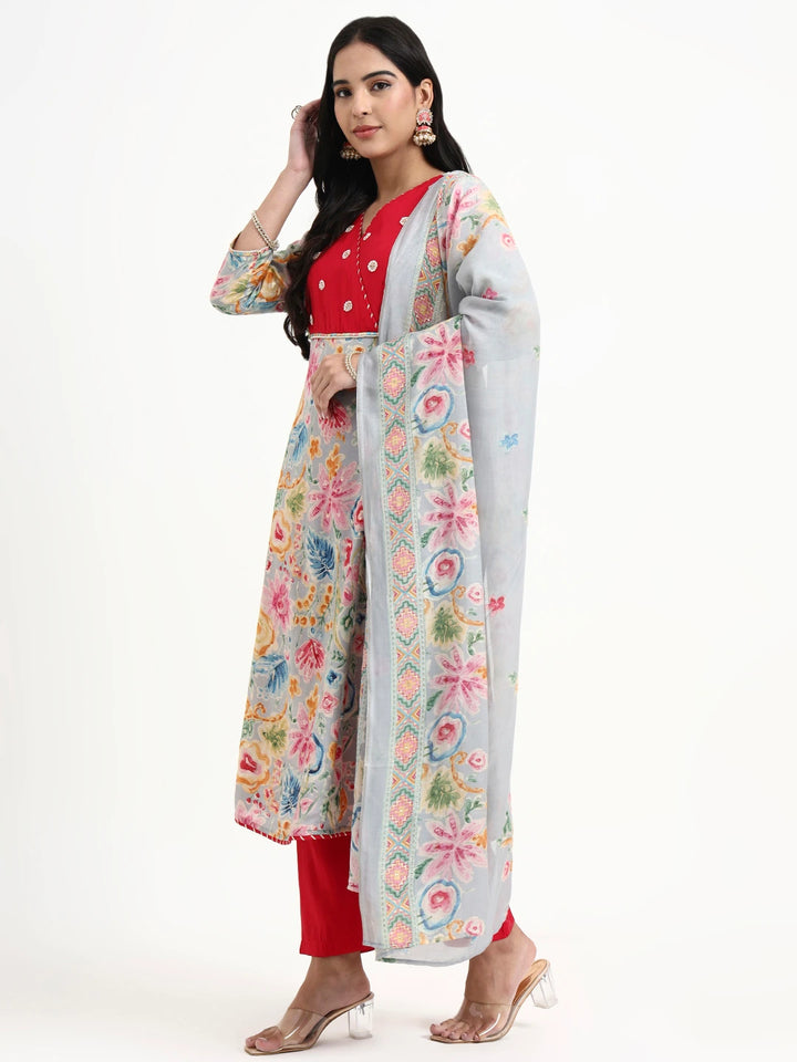 Grey Lensing A Line Latest Yoke Design Kurta Pant Dupatta Set